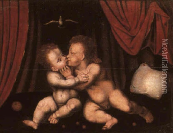 The Infants Christ And Saint John With The Holyspirit Oil Painting - Joos Van Cleve