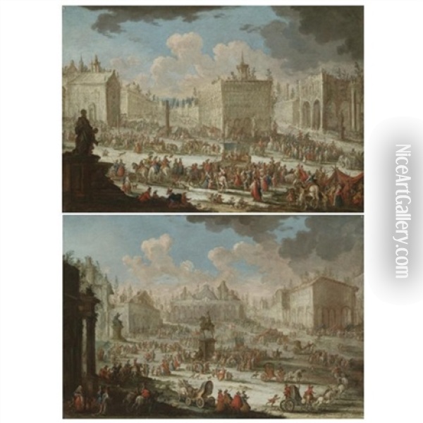 A Capriccio Of A Town With Galleys, Actors Performing On A Stage, And A Statue In The Foreground (+ A Capriccio Of A Town With Numerous Figures; Pair) Oil Painting - Giuseppe Poli