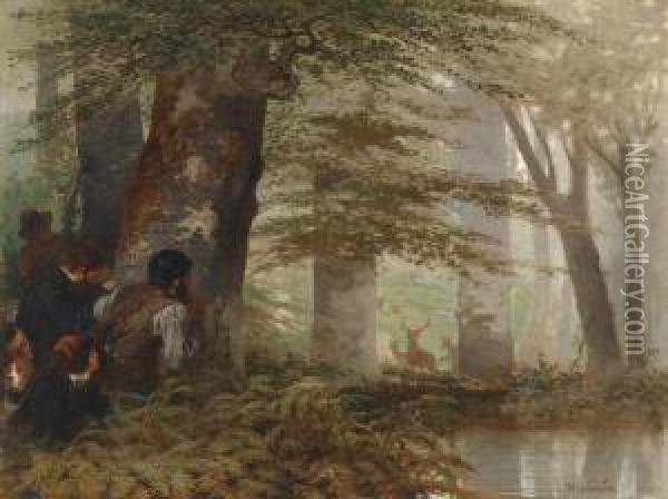 Huntersdiscover A Pack Of Deer In A Forest Oil Painting - Charles Soubre