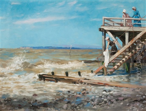Badbrygga Vid Stranden Av Engelska Kanalen (jetty On The Beach Of The English Channel) Oil Painting - Hugo Birger