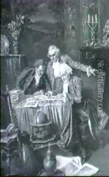 Graphiksammler In Rokokogewandung Am Tisch Beim Betrachten  Ihrer Schatze Oil Painting - Albert Joseph Franke