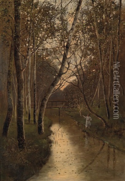 Waldlandschaft Mit Angler Am Flussufer Oil Painting - Kalman Mesterhazy
