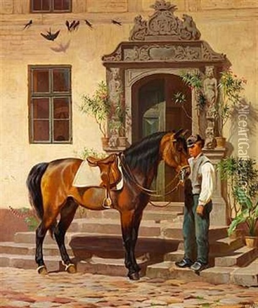 Staldmester Med Opsadlet Hest Foran Hovedbygningens Indgang Oil Painting - Adolf Heinrich Mackeprang