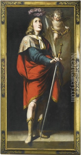 Saint Acisclus Holding A Sword And A Martyr's Palm, Crowned By A Putti; Saint Victoria, Holding An Arrow And A Martyr's Palm, Crowned By A Putti (pair) Oil Painting - Antonio Del Castillo Y Saavedra