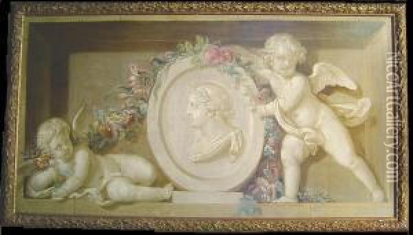 Putti In A Niche With A Portrait Relief Surrounded By A Garland Offlowers Oil Painting - Dionys Van Nijmegen