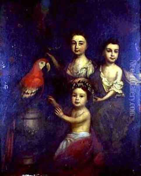 Portrait of Three Children with a Macaw Oil Painting - Robert Byng or Bing