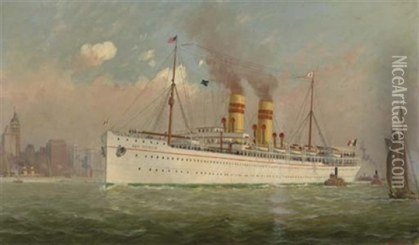 The "s.s. San Giorgio" In New York Harbor Oil Painting - Fred Pansing