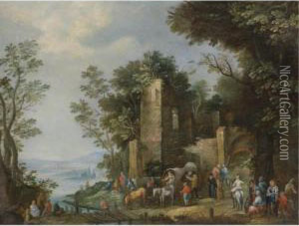 A River Landscape With Travellers Crossing A Bridge In Front Of A Ruined Castle Oil Painting - Johannes Jacob Hartmann