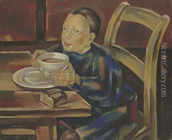 L'enfant au bol, or La tasse de chocolat Oil Painting - Maria Blanchard