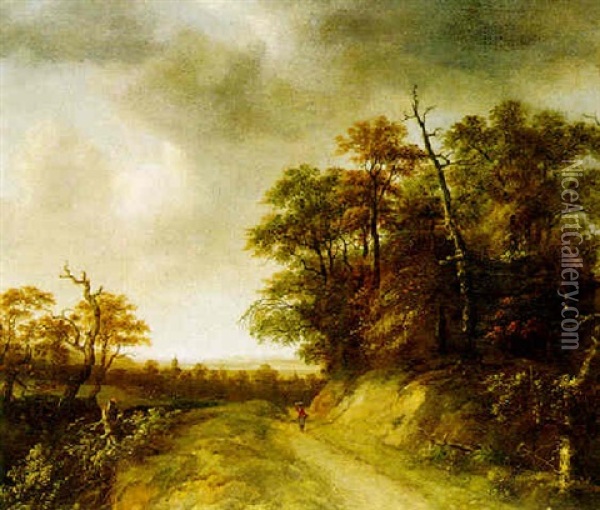 A Wooded Landscape With A Woman On A Path, A Town Beyond Oil Painting - Jan Looten