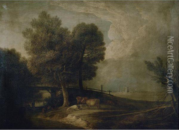 Figures With Cattle In A Landscape Oil Painting - Thomas Gainsborough