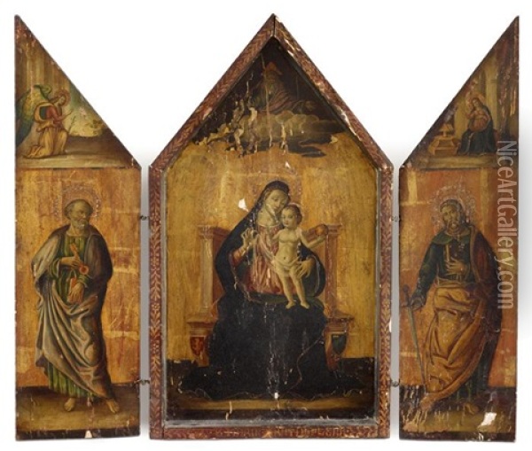 A Triptych: The Central Panel, Virgin And Child With God The Father Above, Centered By The Virgin Annunciate; The Left Panel, Saint Peter; The Right Panel, Saint Paul Oil Painting - Giovanni di Paolo