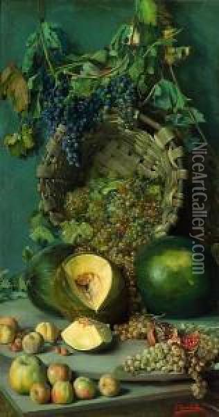 A Still Life With Grapes, Apples, Squash Andother Fruit Oil Painting - Ignacio Torrabadella