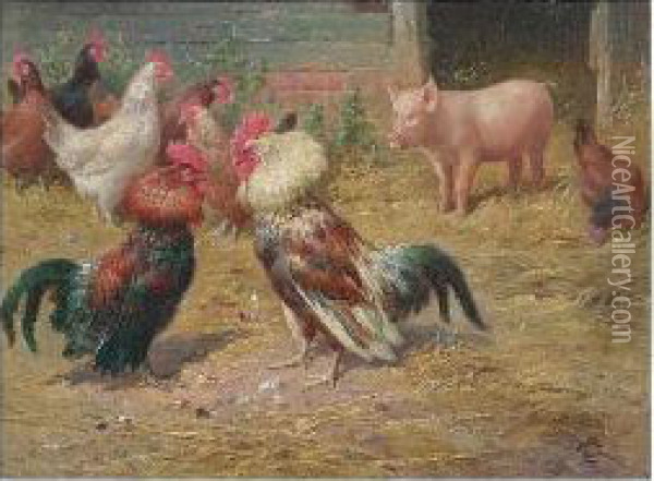 A Farmyard Encounter Oil Painting - Claude Cardon
