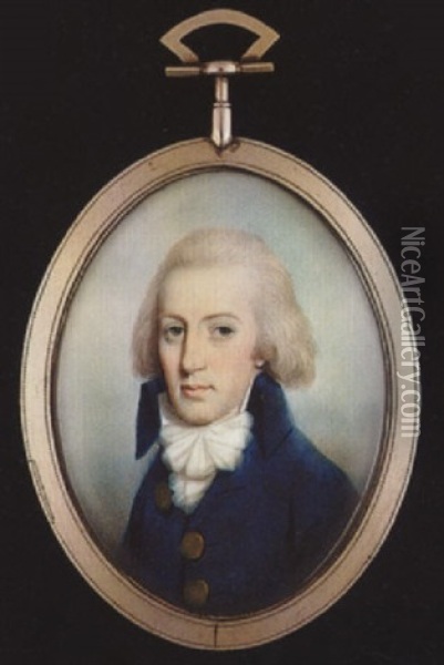 A Gentleman, With Short Powered Hair, Wearing Blue Coat With High Collar And Gold Buttons, Tied White Stock And Frilled Cravat Oil Painting - Thomas Hazlehurst