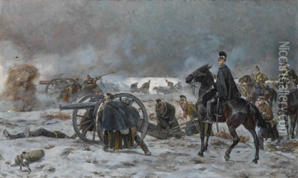 Prinz Leopold Von Bayern Zu Pferd Auf Einem Winterlichen Schlachtfeld (villepion) Oil Painting - Ludwig Putz
