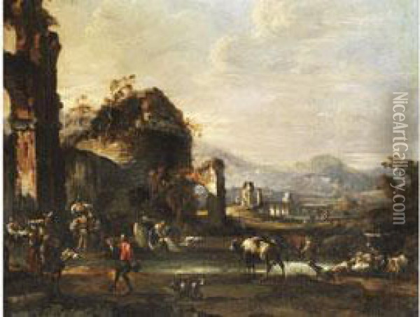 Sudliche Fantasielandschaft Mit Antiken Ruinen Und Hirtenstaffage Oil Painting - Bartolomeo Pedon