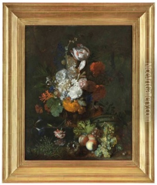 A Parrot Tulip, Roses, Peonies, Carnations, Morning Glories, Honeysuckle And Other Flowers In A Sculpted Urn, With Fruit And A Bird's Nest, In An Exterior Oil Painting - Jan Van Huysum