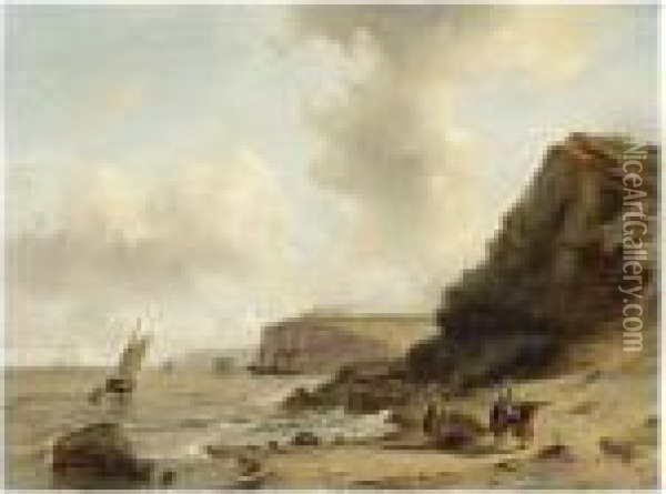 A Coastal Scene With Fisherfolk Oil Painting - Andreas Schelfhout