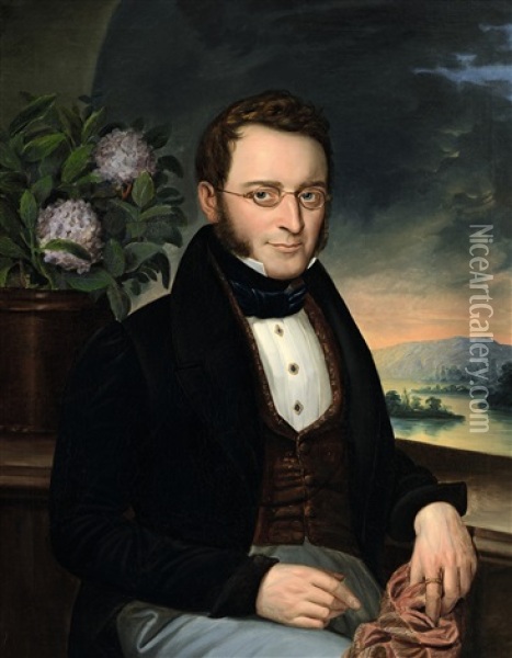 Portrait Eines Sitzenden Herrn, Neben Ihm Eine Hortensie Oil Painting - Johann Frankenberger