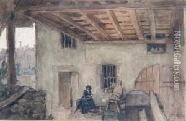 Landliche Szenerie Mit Schwarzgekleideter Frau Im Hof Wartend Oil Painting - Louis Adolphe Hervier