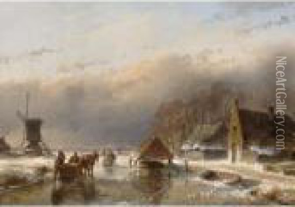A Frozen Waterway With Figures On The Ice Oil Painting - Andreas Schelfhout