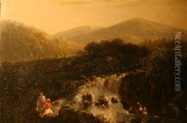 Waterfall With Two Figures On Both Sides And Mountains. A Bathing Resort On East Java In The Background Oil Painting - Abram Salm