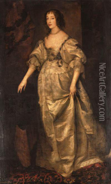 Portrait Of Queen Henrietta Maria, Full-length, In A White Silkdress Oil Painting - Sir Anthony Van Dyck