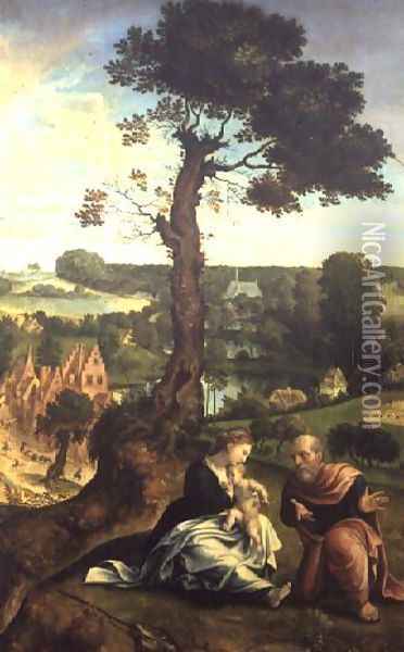 The Rest on the Flight into Egypt, c.1534-40 Oil Painting - Pieter Coecke Van Aelst