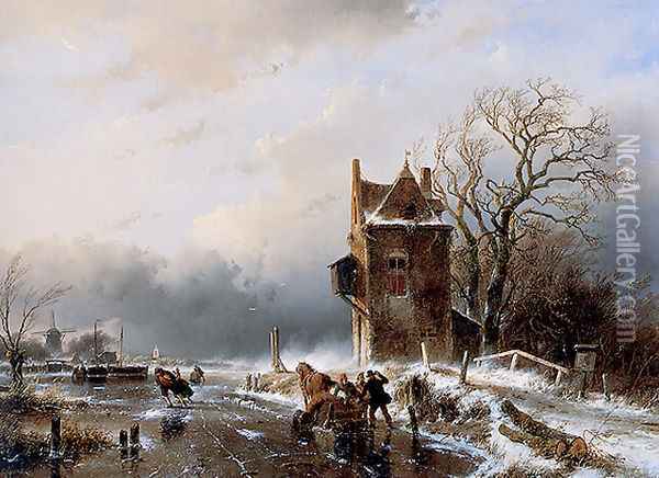 Skaters in Stormy Weather Oil Painting - Andreas Schelfhout