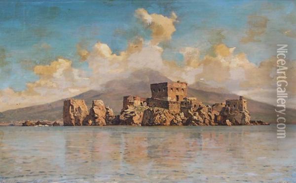 Castello Di Revigliano Von Der Seeseite Im Golf Von Neapel; Im Hintergrund Bergige Kuste Oil Painting - Nerly Friedrich Paul