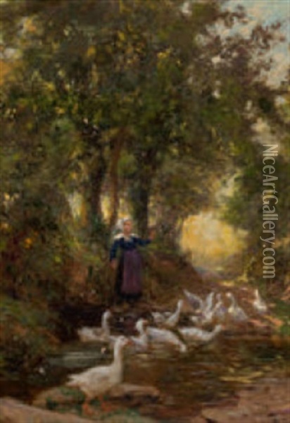 Waldlichtung Mit Teich, Bauerin Und Gansen Oil Painting - Theophile-Louis Deyrolle