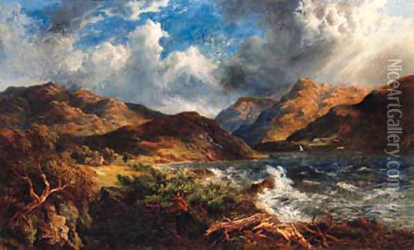 Storm Clouds over a Lake Landscape Oil Painting - English School