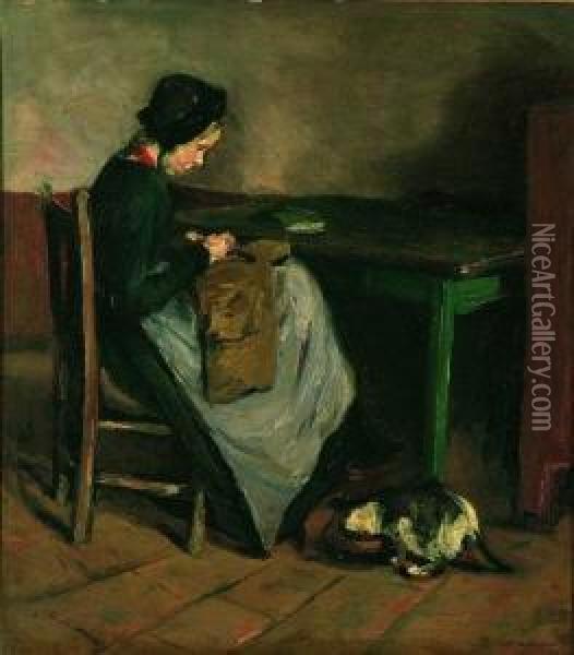 Nahendes Madchen Mit Katze - Hollandisches Interieur. Oil Painting - Max Liebermann