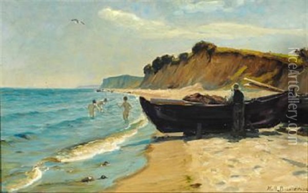 Summer Day At The Beach With Boys Bathing And A Fisherman At His Boat Oil Painting - Hans Andersen Brendekilde
