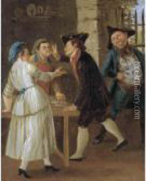 An Street Scene With Figures Fighting Over A Card Game Oil Painting - Pietro Fabris