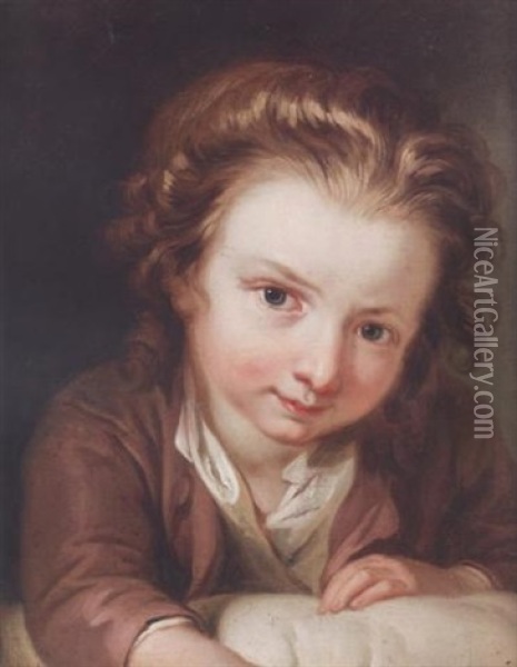 A Young Boy In A Mauve Coat And White Shirt, Leaning Over A Pillow Oil Painting - Philip Mercier