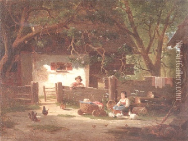 Spielende Kinder Vor Einem Bauernhaus Oil Painting - Bernhard Froehlich