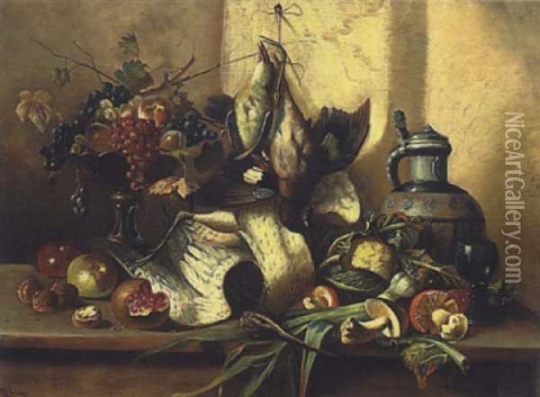 Stillleben Mit Fruchten, Pilzen Und Schnepfe Oil Painting - Edmond Morin