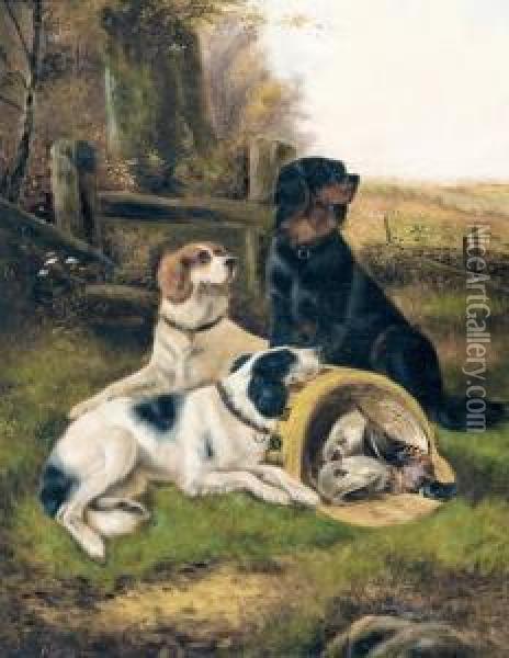 Drei Jagdhunde Mit Federwild. Oil Painting - John Gifford