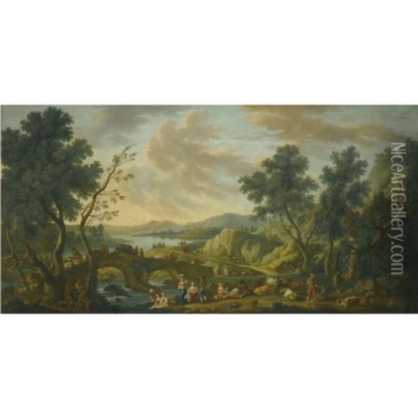 A Rocky Landscape With Peasants And Their Herd Beside The River Oil Painting - Vittorio Amadeo Cignaroli
