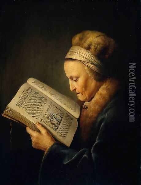 Old Woman Reading a Lectionary (or So-called Portrait of Rembrandt's Mother) Oil Painting - Gerrit Dou