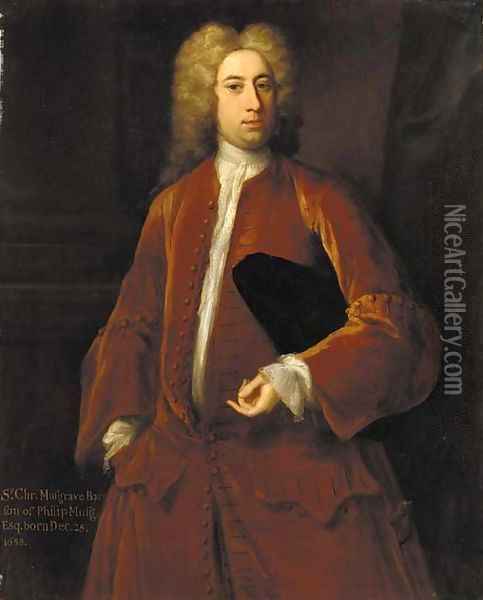 Portrait of Sir Charles Musgrave Bt. (b.1688), three-quarter-length, in a brown jacket and white shirt, holding a hat under his left arm Oil Painting - Michael Dahl