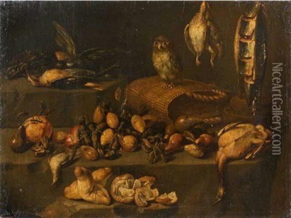Nature Morte De Fruits Et De Volailles Animee D'une Chouette Oil Painting - Felice Boselli