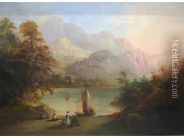 Figures With Sheep By A Boat On The Shores Of A Loch Oil Painting - Charlotte Nasmyth
