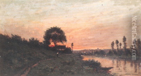 Fluslandschaft Bei Sonnenuntergang Oil Painting - Hippolyte Camille Delpy