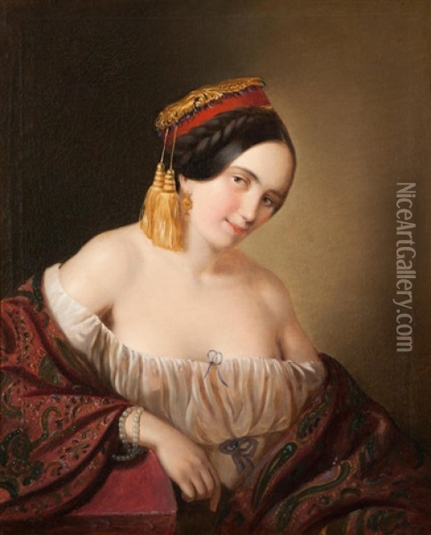 An Aristocratic Lady Dressed In A Traditional Costume From Pontus Oil Painting - Aristides Oeconomo