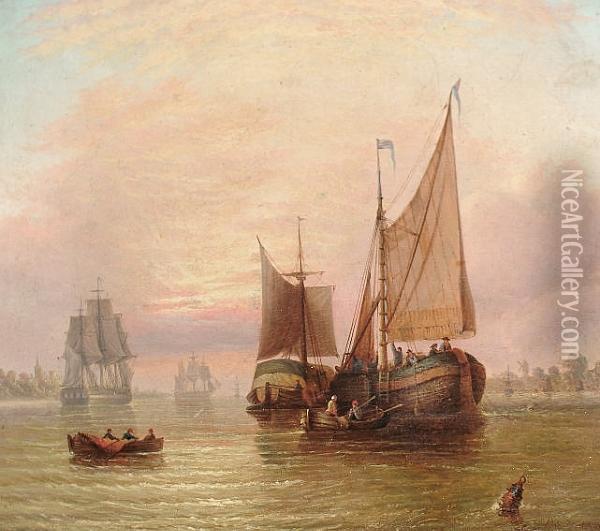 Boats In An Estuary At Sunset Oil Painting - Barend Cornelis Koekkoek