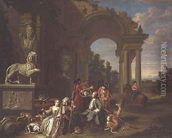 A Hunting party in classical ruins Oil Painting - Peter Jacob Horemans
