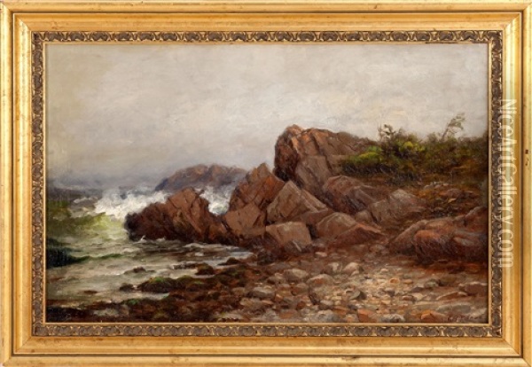 Waves Crashing Against A Rocky Coast Oil Painting - Jonathan Bradley Morse
